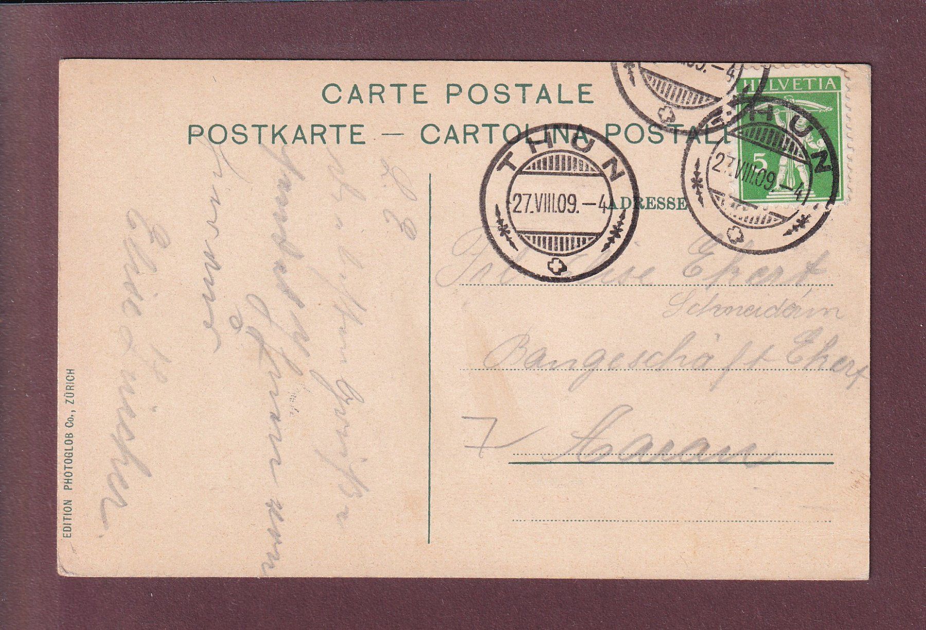 Cartes postales: THUN - Park-Hotel Thunerhof - 1909 – D'occasion à Pully par nicecards 1