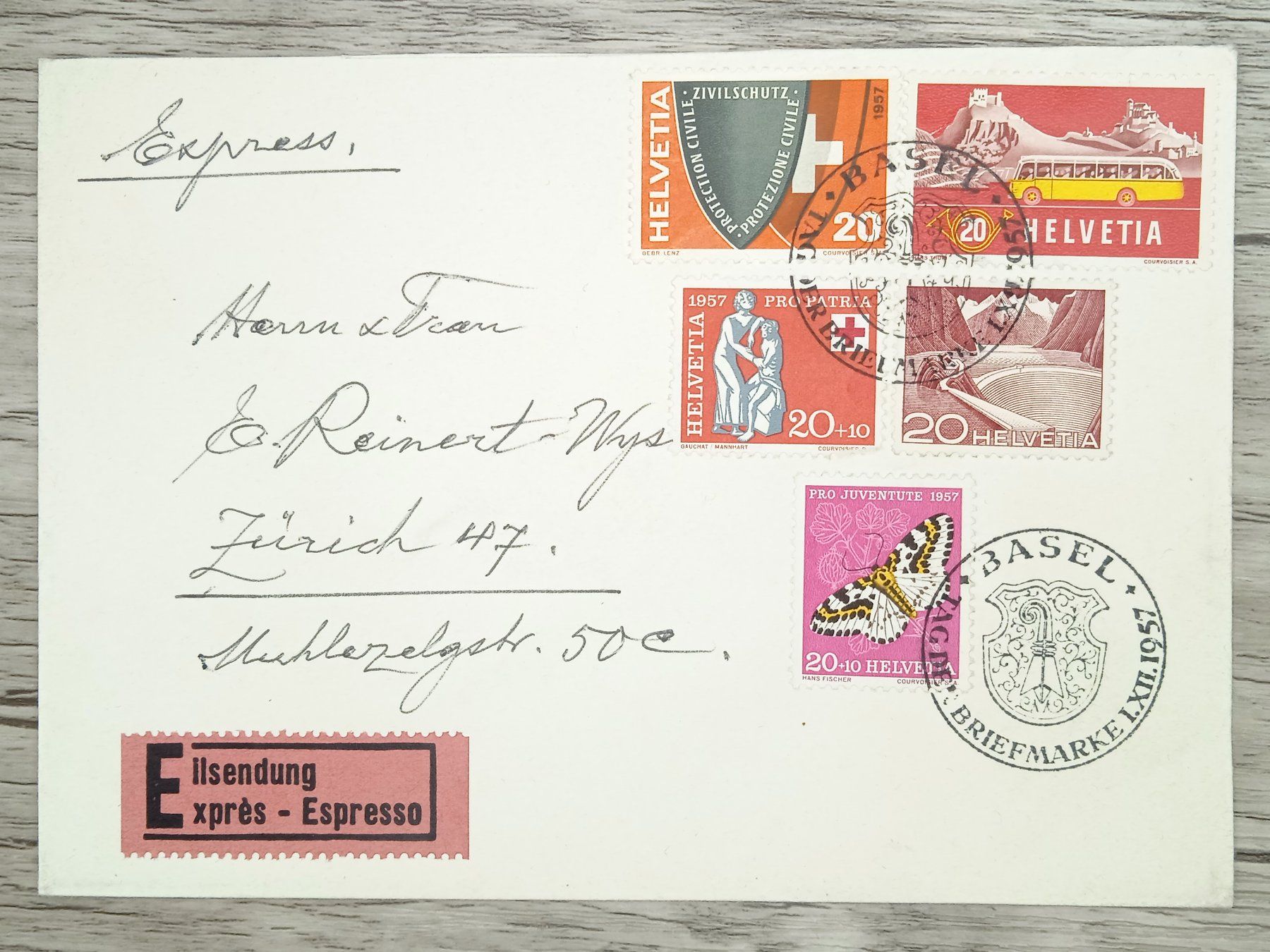 Tutti i francobolli: TR107 Enveloppe + Timbre Suisse 1957 – Usato da Cousset venduto da Patrick_Collections