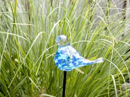 Gartenstecker Vogel aus Glas blau 90cm / Glaskunst