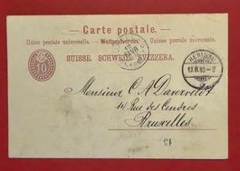 GANZSACHE POSTKARTE HERISAU APPENZELL BRUXELLES BELGIEN 1883