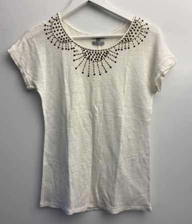 Damen T-Shirt weiss Grösse S 100% Leinen verziert