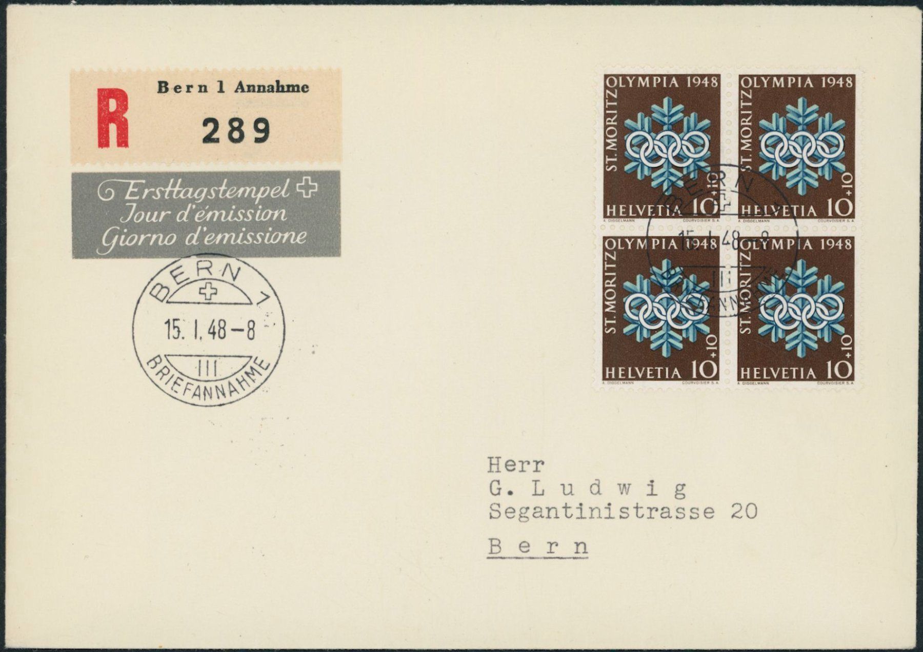 Alle Briefmarken: 1948 - Olympia - Viererblock - Ersttagsbrief FDC U4 ET – Gebraucht aus Schindellegi von leecollect 2