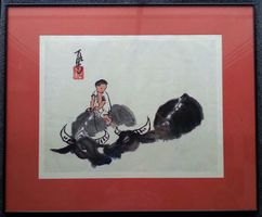 China: Lithographie mit Wasserbüffeln, signiert, um 1970-80
