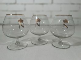 3x Cognacgläser mit Goldrand & Krone