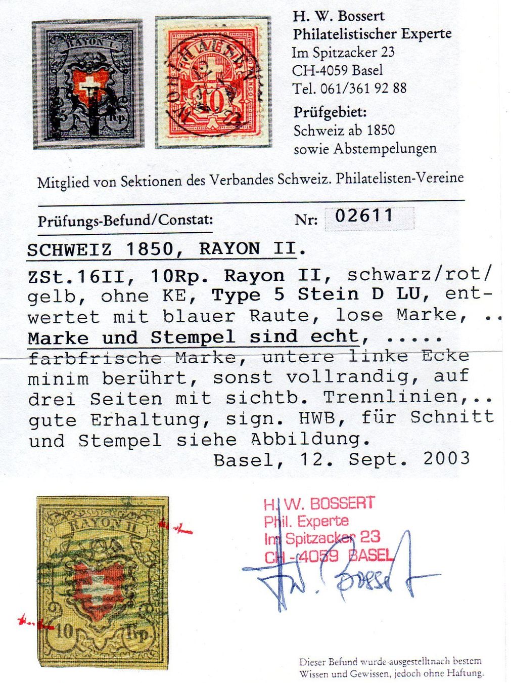 Tutti i francobolli: 1850 RAYON II MIT BEFUND MIT BLAUER RAUTE - AX185 – Usato da Losone venduto da EM2019 1
