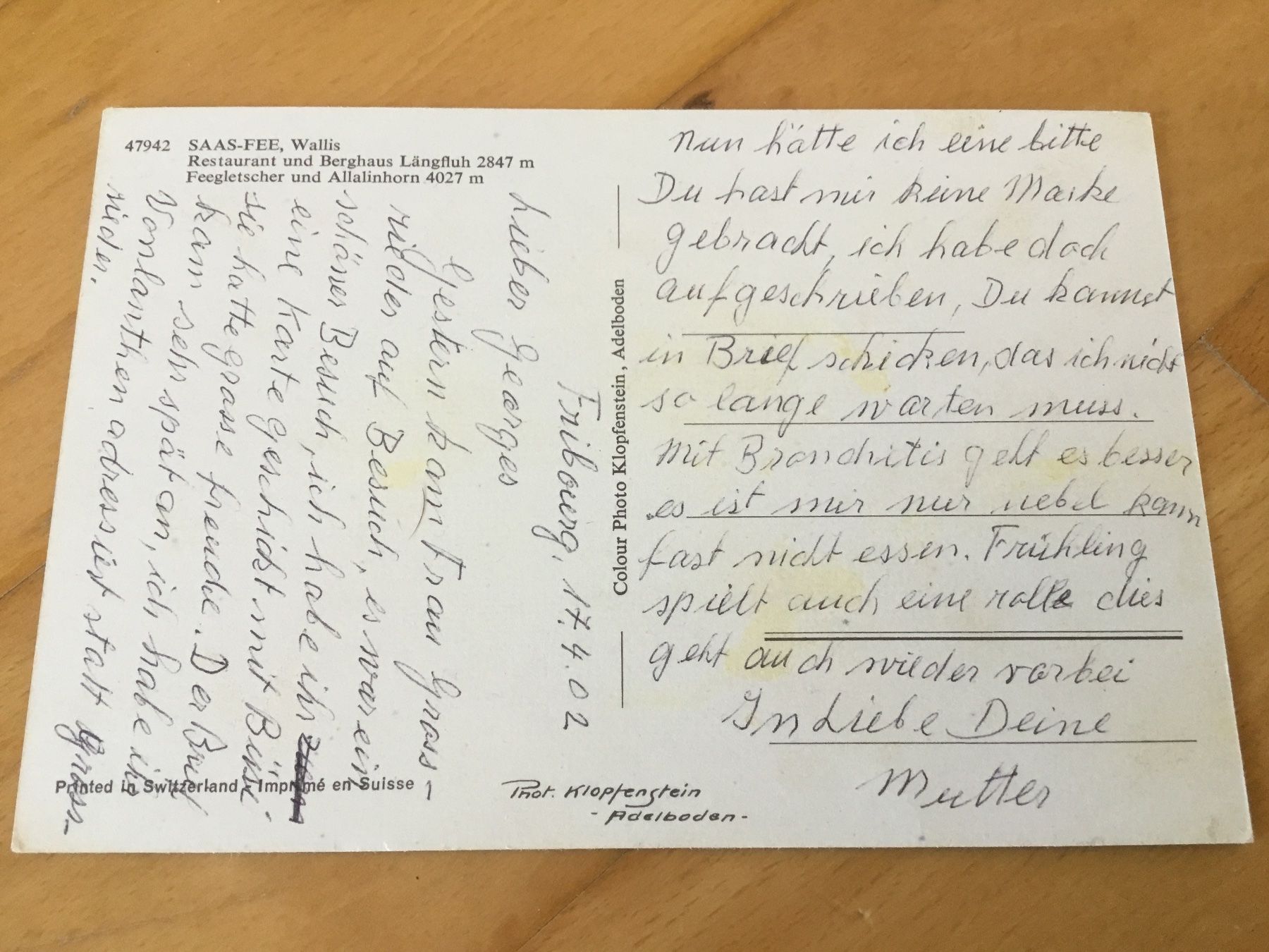 Cartoline postali: Alte Ansichtskarte Saas-Fee - Längfluh - Allalinhorn – Usato da Kerzers venduto da Georges3210 1