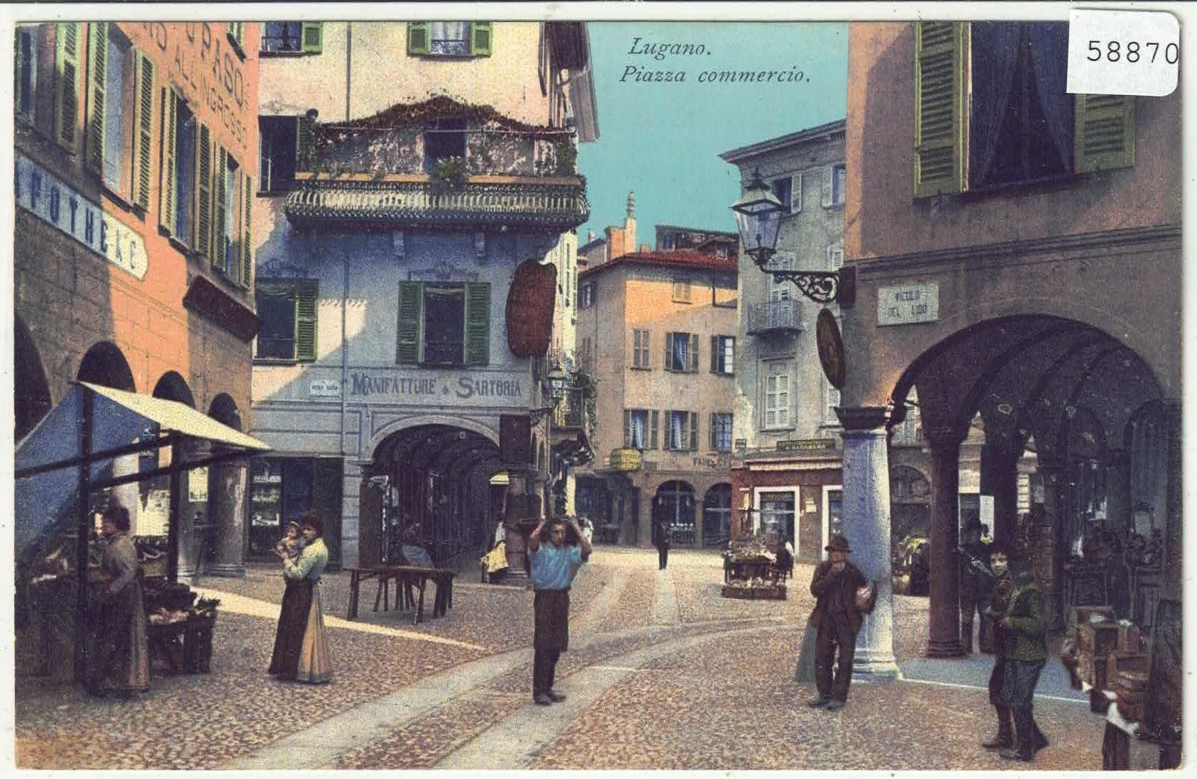 Cartoline postali: Lugano - Piazza commercio - animee - Litho – Usato da Ettingen venduto da Kartenplanet