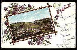 Lithographie Urnäsch, Ortsansicht mit Umgebung und Kirche, B