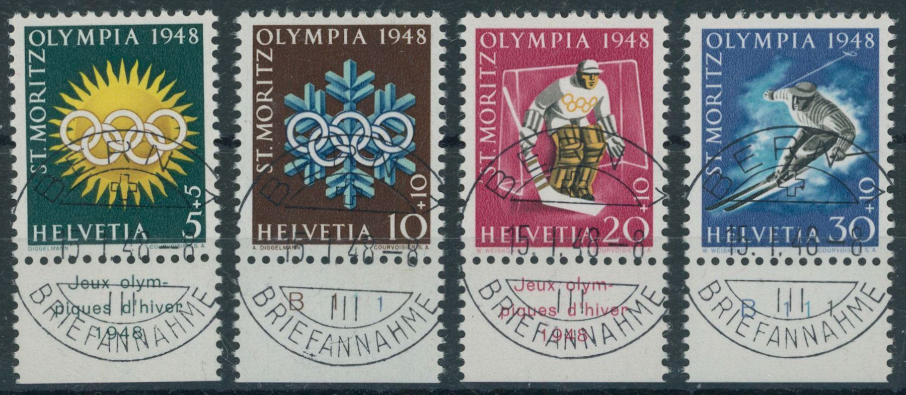Tutti i francobolli: 1948 - Olympiade St. Moritz - Ersttag Stempel ET – Usato da Schindellegi venduto da leecollect