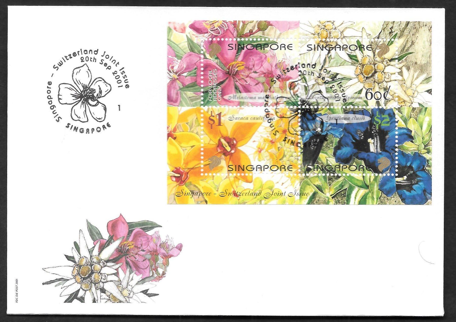 Tutti i francobolli: Singapur FDC Sonderblock Blumen ET 20.9.2001 – Usato da Olten venduto da clotaldi