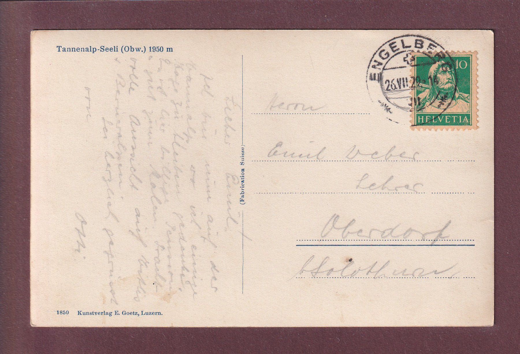 Cartoline postali: TANNENALP-SEELI - 1929 – Usato da Pully venduto da nicecards 1