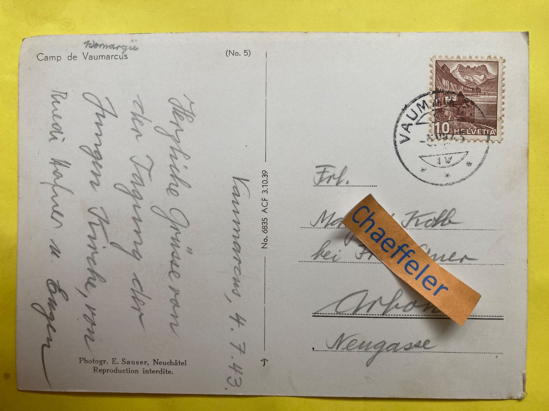 Ansichtskarten: 1943 Camp de Vaumarcus (No. 5) – Gebraucht aus Zürich von Chaeffeler 1