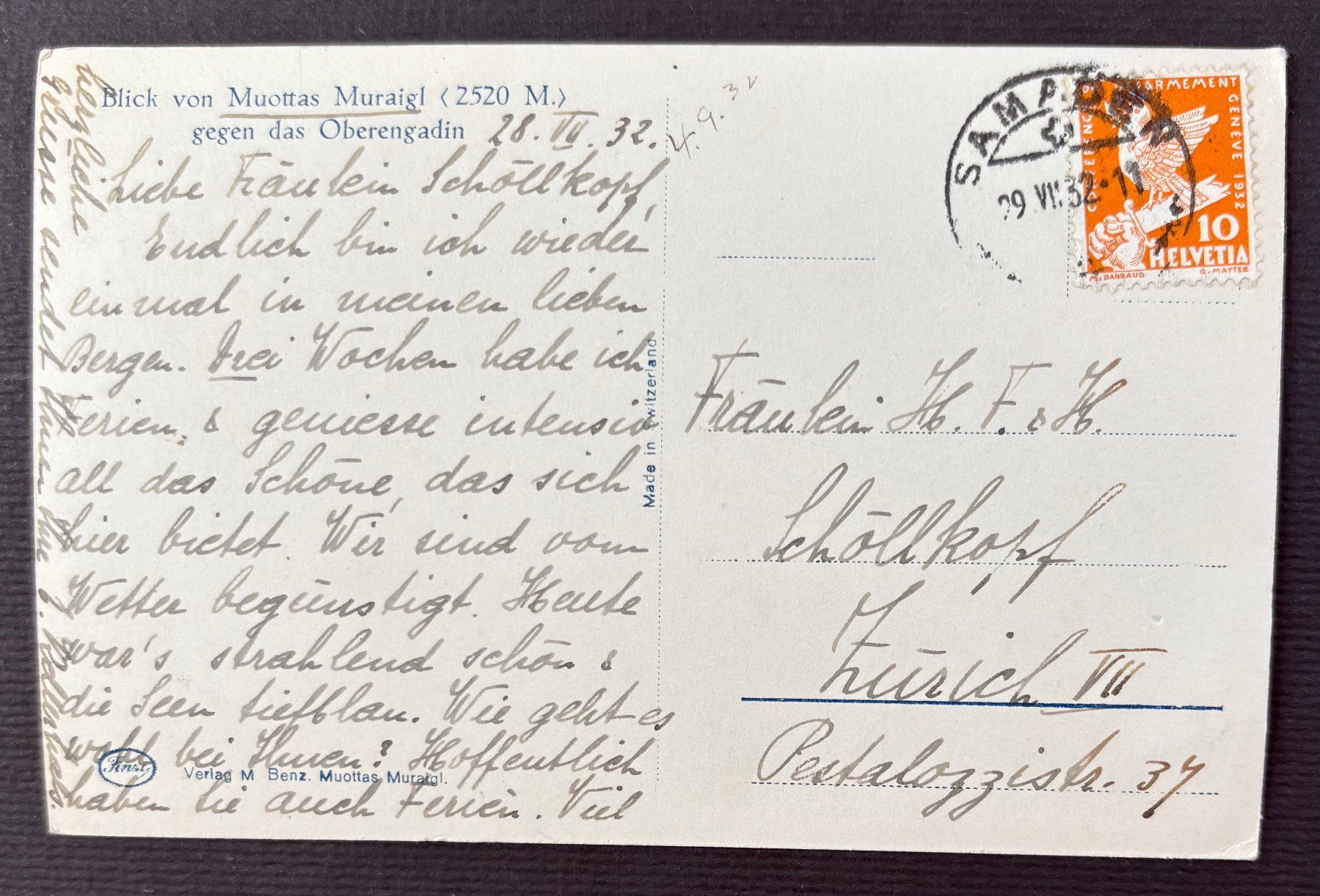 Cartoline postali: MUOTTAS 1932 – Usato da Ostermundigen venduto da Kari1937 1