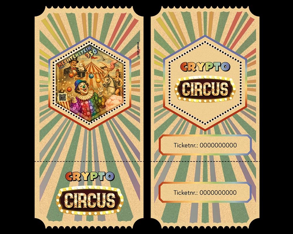 Tutti i francobolli: 3 Kryptobriefmarken Liechtenstein "Crypto Circus" Regenbogen – Nuovo e nell'imballaggio originale da Uster venduto da Aladin79 4