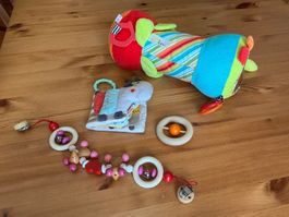 Kinderwagenkette, Holz, Babybuch, Krabbelrolle, Greifling
