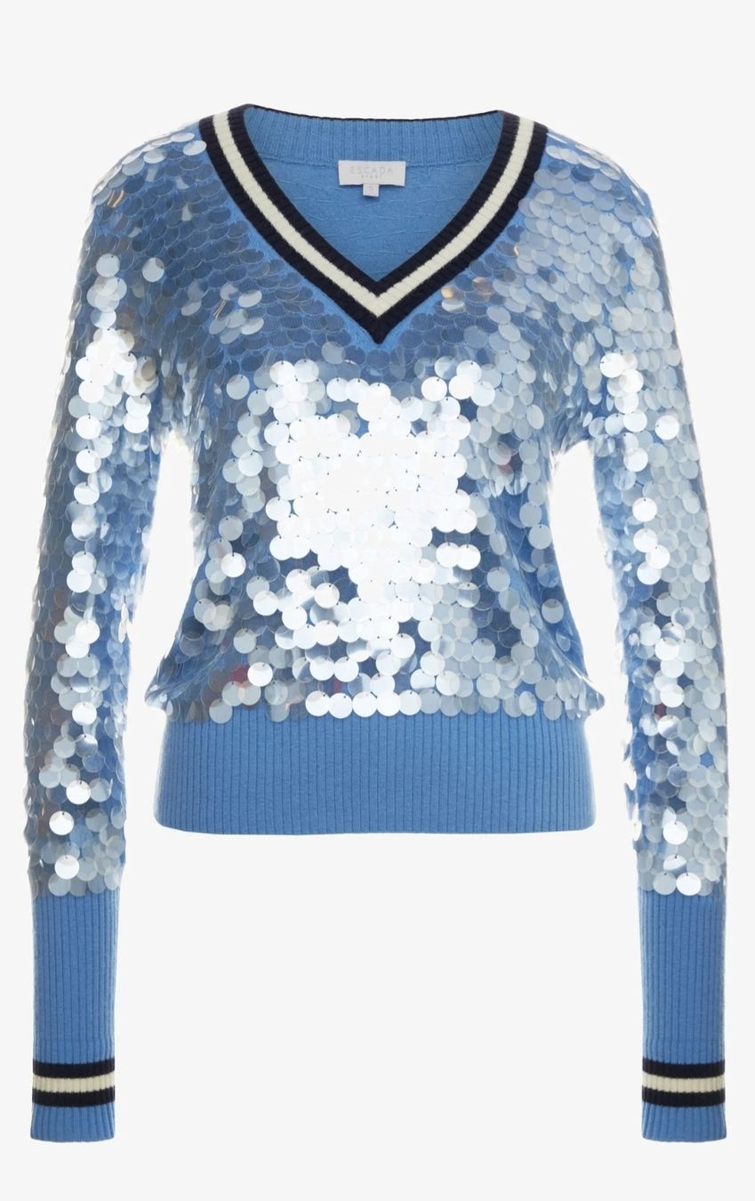 Maglioni & Felpe: ESCADA  Glitzer-Pullover, Himmelblau, V-Ausschnitt – Nuovo (secondo la descrizione) da Uster venduto da kgw78
