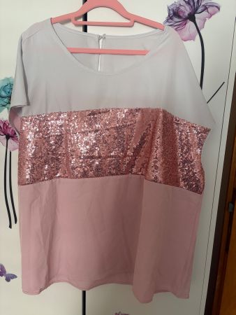 Sommer Glitzer Pailletten Shirt Rosa Weiss Gr. 54