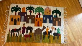 Teppich mit Dorfmotiv und Tieren, 105 x 70 cm, guter Zustand