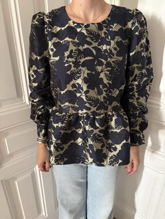 Bluse mit Puffärmeln und Blumenmuster Dunkelblau-Gold