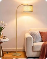 Stehlampe Wohnzimmer LED Leinen Lampenschirm beige gold E27