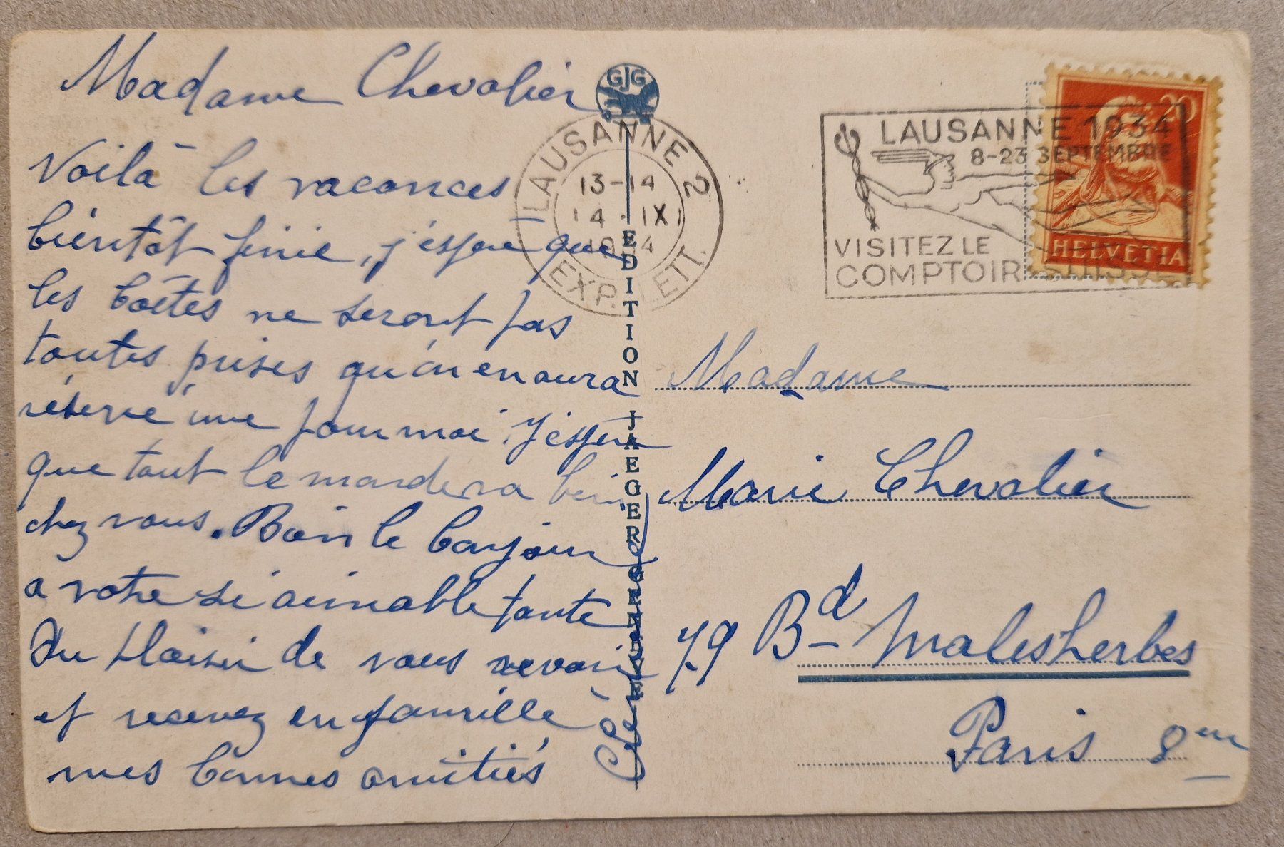 Ansichtskarten: Ouchy-Lausanne 1934 – Gebraucht aus Melchnau von Fishel 1