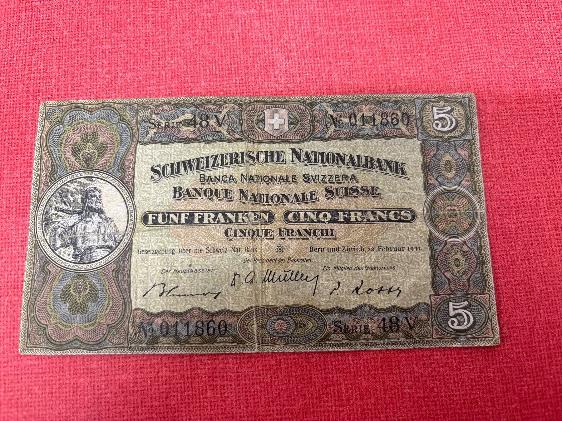 Banconote: 5 Franken Banknote 1951 gebraucht – Usato da Ormalingen venduto da digital09
