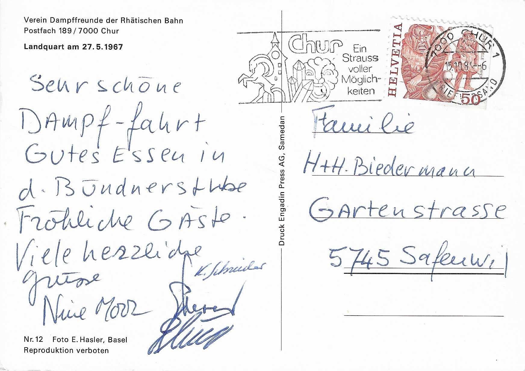 Ansichtskarten: Verein Dampffreunde der Rhätischen Bahn Lanquart 27.5.1967 – Gebraucht aus Rothrist von Stranglehold 1