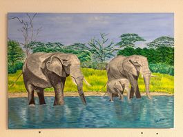100x70/ R. MEIER '06/ handgemaltes Öl Gemälde Elefanten
