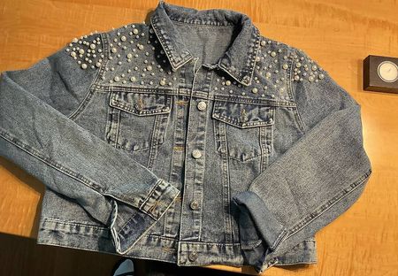 Jeansjacke blau Denim mit Perlenverzierung Grösse L