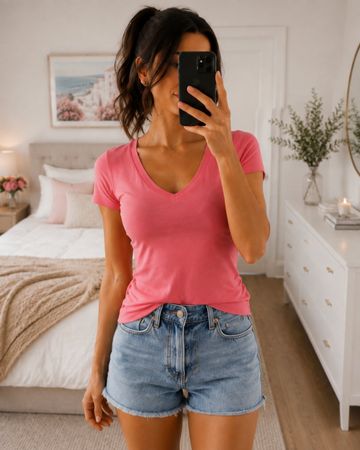Rosa Damen T-Shirt Gr. XS – Baumwolle/Elasthan – V-Ausschnit