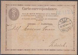 Schweiz 1874: Karte mit Stabstempel REALTA nach Zürich