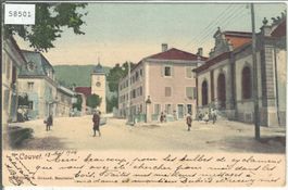 Couvet - La Poste et l'Eglise - animee - coloriert