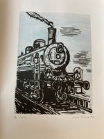 Original Linolschnitt Dampflok 90/100 signiert