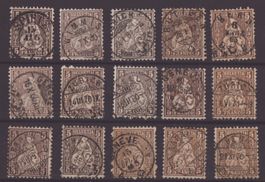 Lot de 15x Nr 30 nuances de coul. + oblitérations pleines