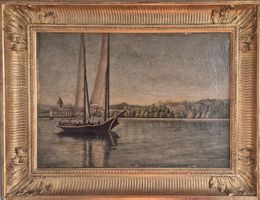Tableau ancien port "Ouchy" Lausanne Suisse 19° siècle