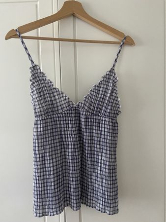 Brandy Melville Pleated Bluse Top Kariert Blau Weiss