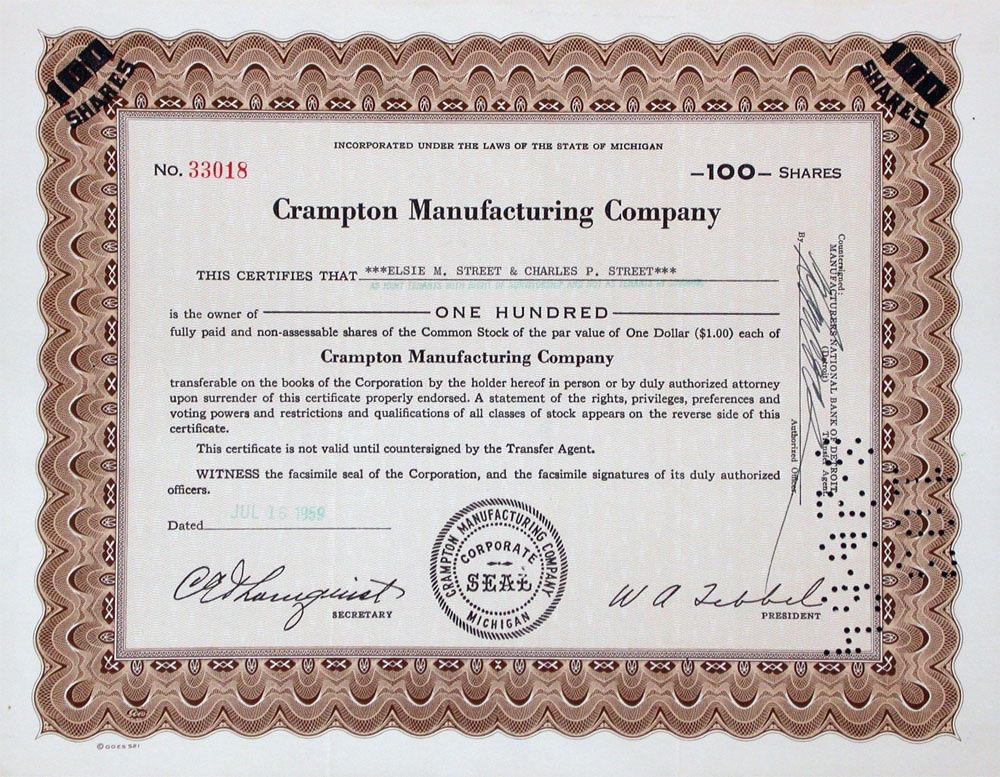 Dokumente: Crampton Manufacturing Company, Michigan - 1961 – Gebraucht aus Solothurn von Sgasche