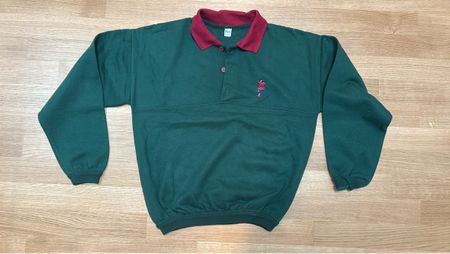 Retro Sweatshirt mit Kragen dunkelgrün mit Stickerei Gr. M. 