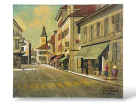 A. Raynaud - paysage ville suisse huile sur toile