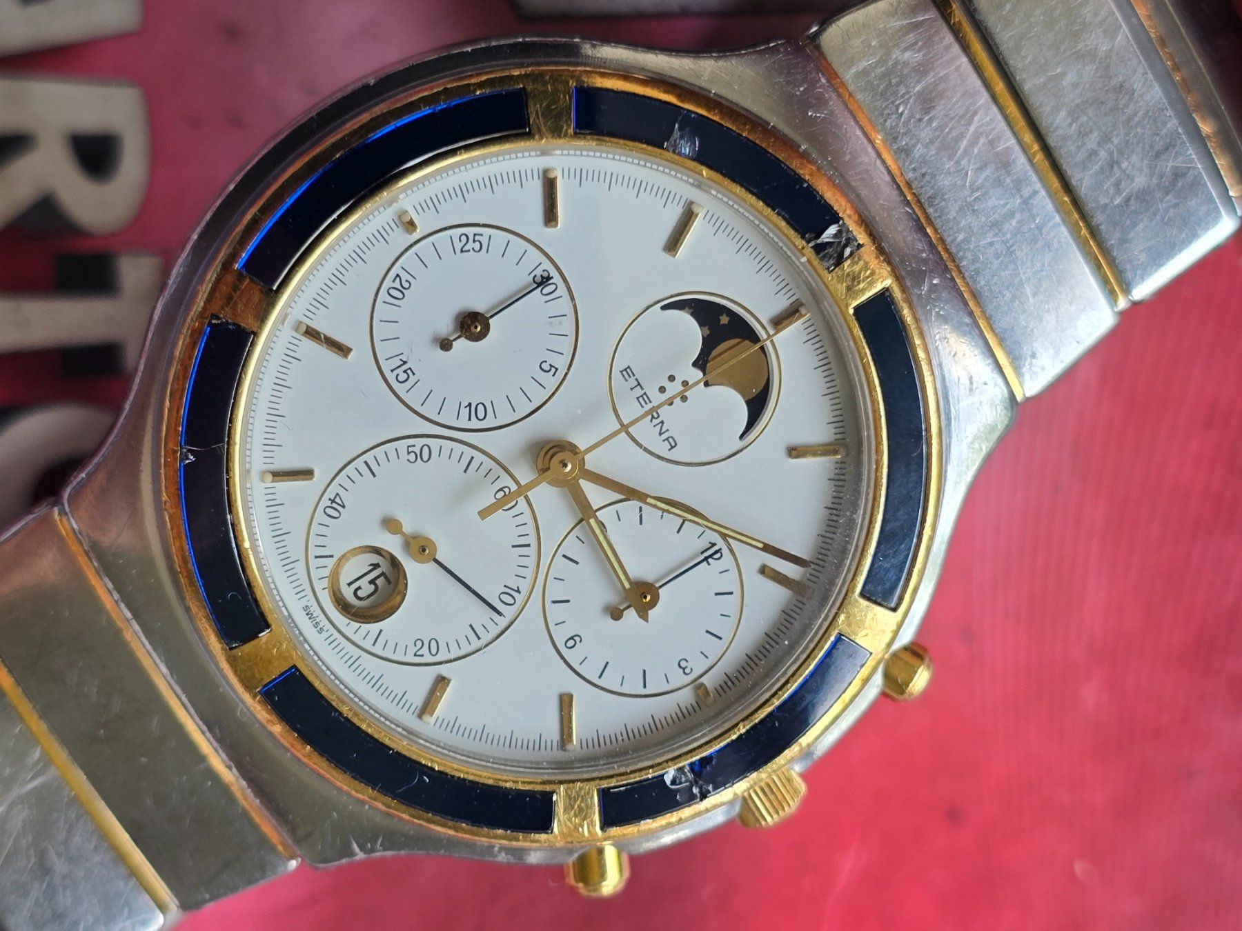 Eterna Uhren: 499 Eterna Airforce Gold / SS Chrono Mondphasen Date – Gebraucht aus Muri AG von Corredor 9