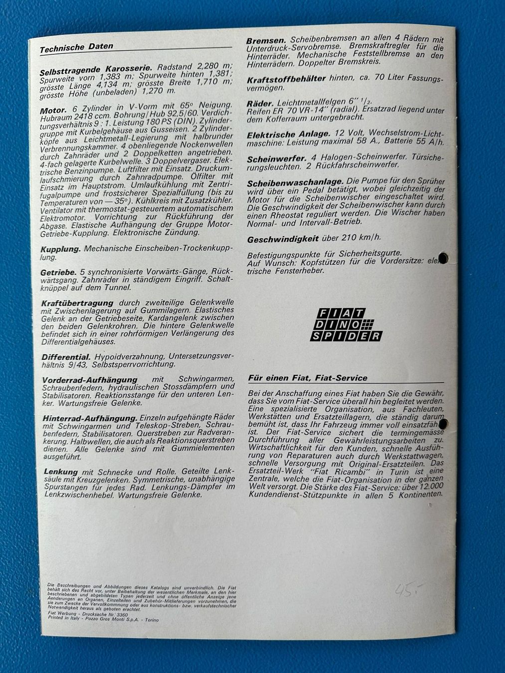 Fiat Dokumente: Prospekt , Fiat  Dino  Spider – Gebraucht aus Boswil von pavo1 6