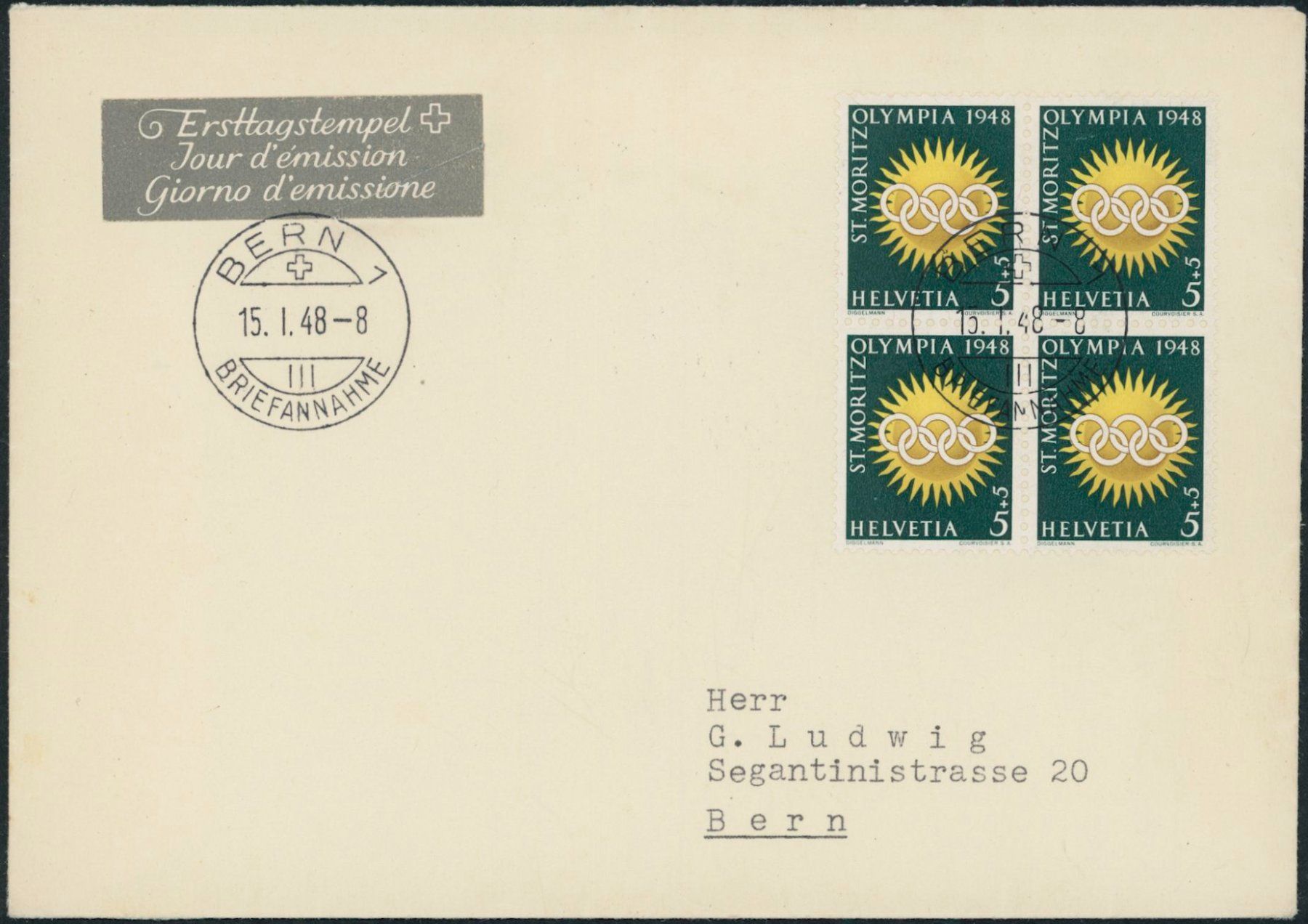 Alle Briefmarken: 1948 - Olympia - Viererblock - Ersttagsbrief FDC U4 ET – Gebraucht aus Schindellegi von leecollect 3