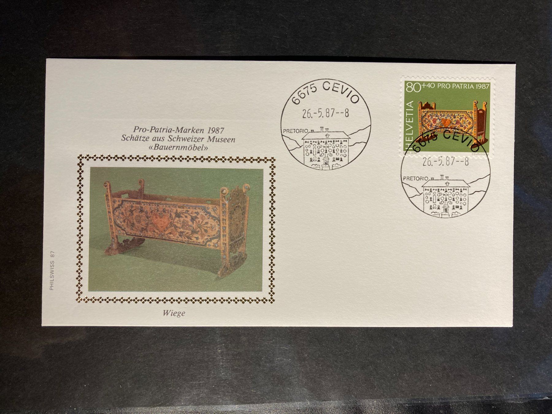 Tutti i francobolli: CH 1987 FDC PP Bauernmöbel Wiege Ortsstempel Cervio – Usato da Winterthur venduto da schnueps