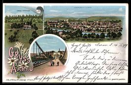 Lithographie Aarau, Kettenbrücke, Kurhaus Alpenzeiger