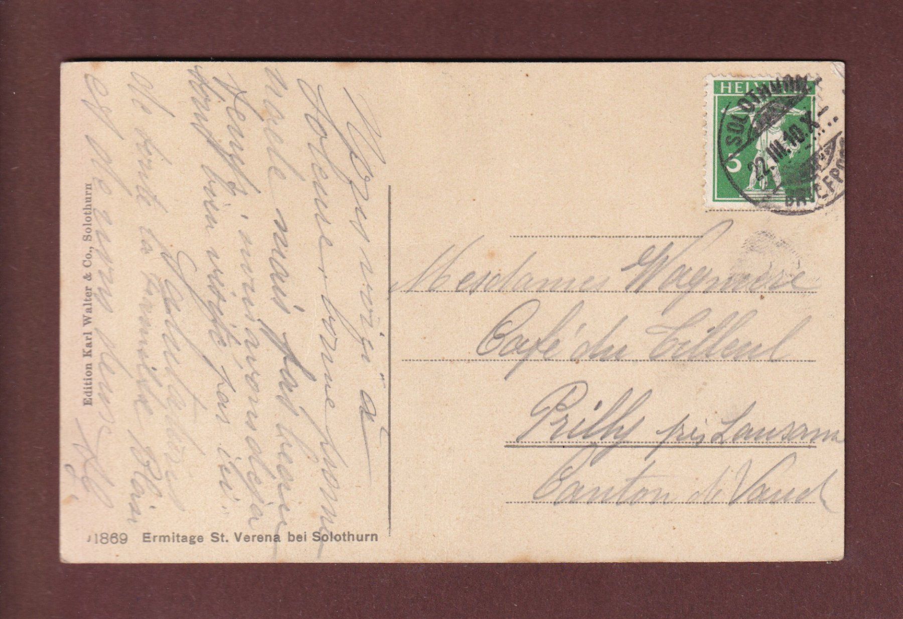 Cartoline postali: SOLOTHURN - Einsiedelei St. Verena - 1910 – Usato da Pully venduto da nicecards-shop 1