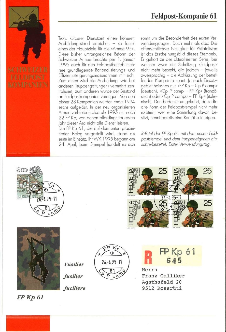 Tutti i francobolli: CH 1995, R-Brief der FP Kp 61, Erster Verwendungstag – Nuovo (secondo la descrizione) da Castione venduto da Rx-stamps