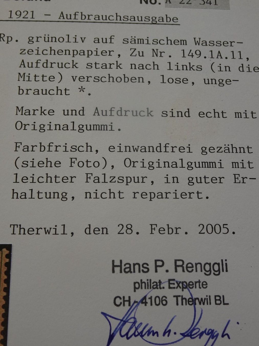 Tutti i francobolli: 1921 TELLBRUST; AUFBRAUCHSAUSGABE POSTFRISCH MIT ATTEST – Usato da Eschenbach SG venduto da eDaisy 5