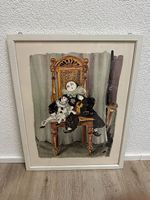Vintage Farblithografie Harlekin und Musiker signiert 1986