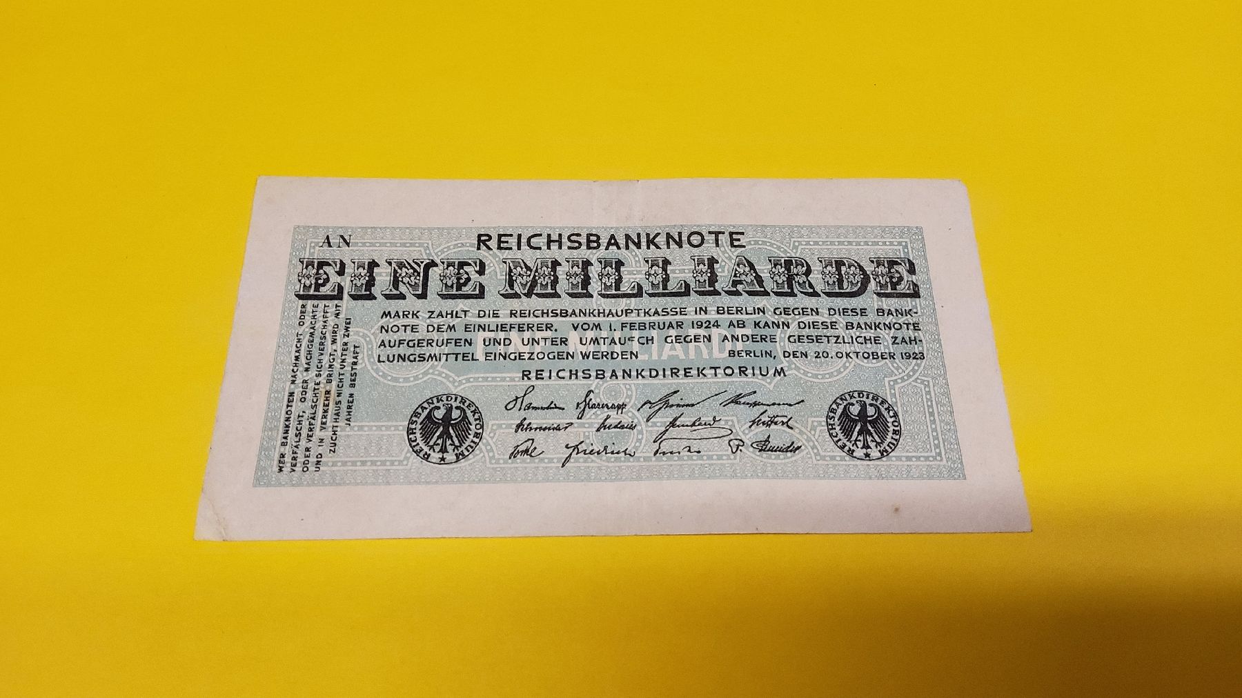 Banknoten: Reichsbanknote 1 Milliarde Mark, Inflationszeit 1923! – Gebraucht aus Herisau von Nluanalucas