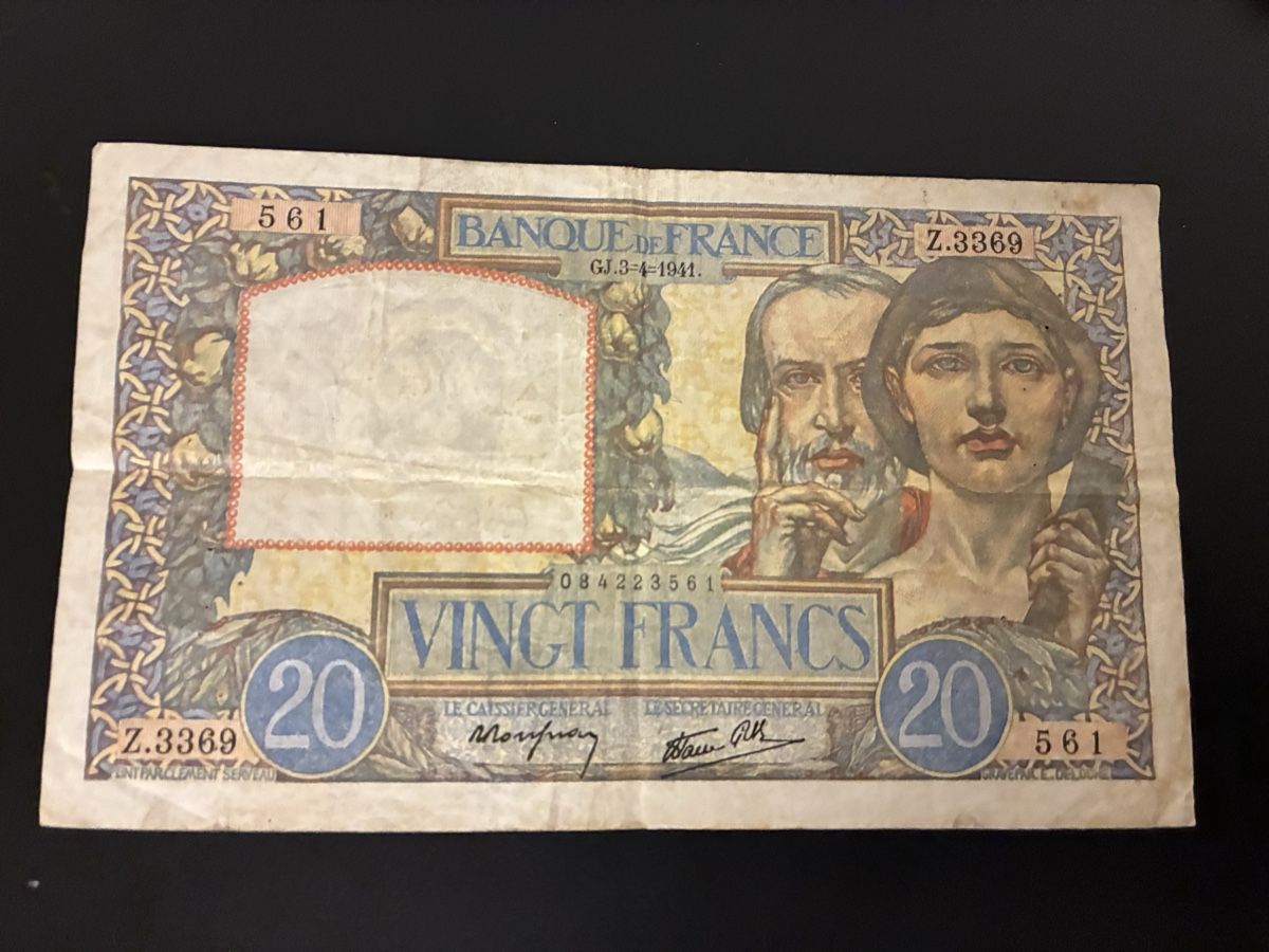 Banknoten: 20 Francs 1941 selten – Gebraucht aus Dällikon von Woldbanknoten